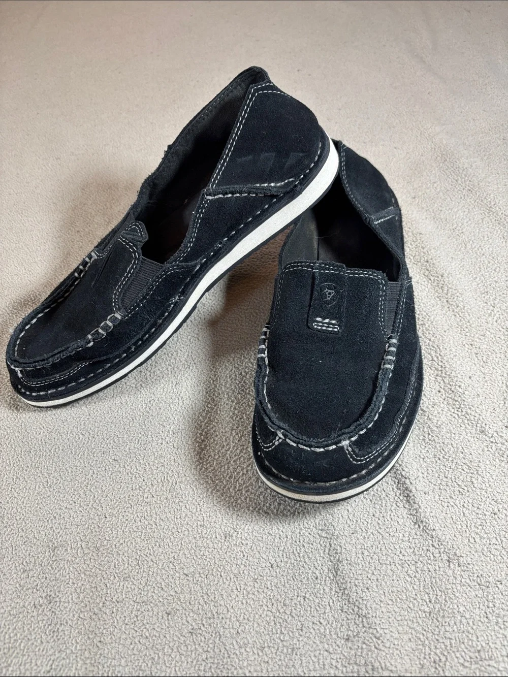 Ariat Black Suede Slip-On Loafers with White Trim